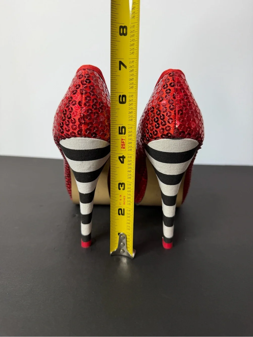 Iron Fist Red Sequin Peep-Toe Heels with Black-and-White Striped Heel